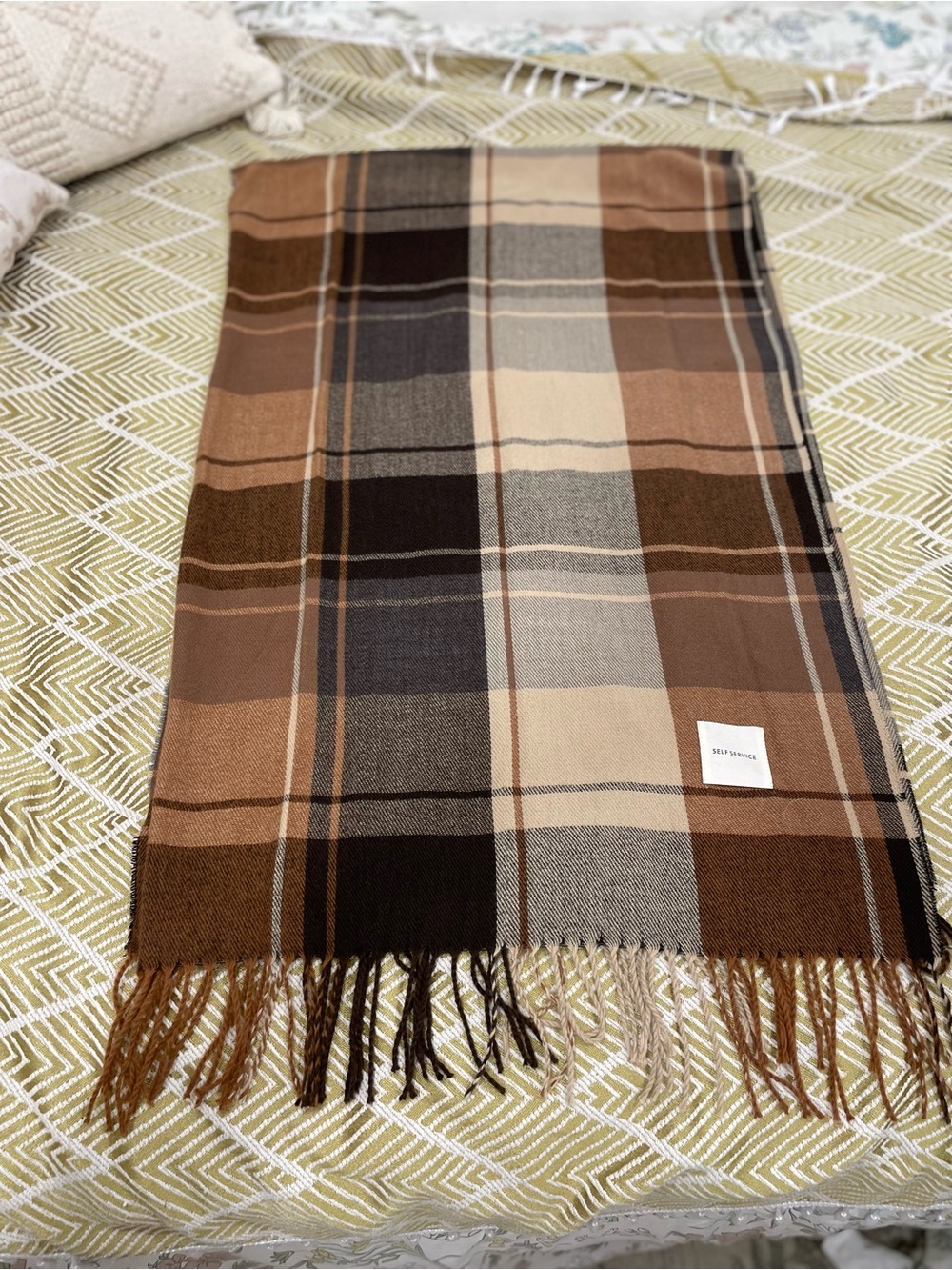 Self service Plaid Fringe Scarf in Brown and Tan